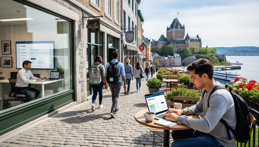 Person walking in Quebec City holding a folder, suggesting balancing work and education.