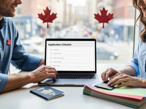 A Canadian couple reviewing immigration documents at a table with a laptop, passport, and organized folders, suggesting preparation for a spousal open work permit application.