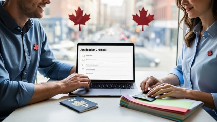 A Canadian couple reviewing immigration documents at a table with a laptop, passport, and organized folders, suggesting preparation for a spousal open work permit application.