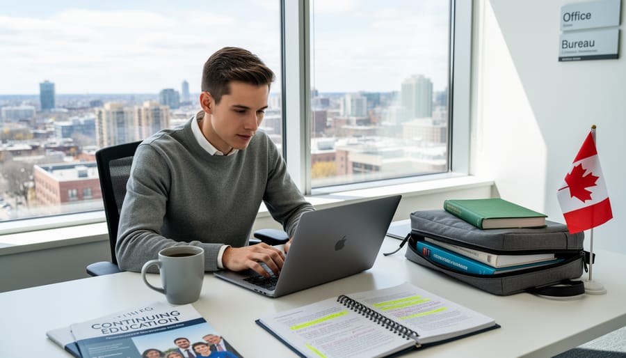 Work permit holder studying plans at a café table with laptop and notebook in Canada.