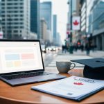 “Work permit documents and a graduation cap beside an open laptop on a café table with a blurred Canadian city background, symbolizing study options while holding a work permit.”