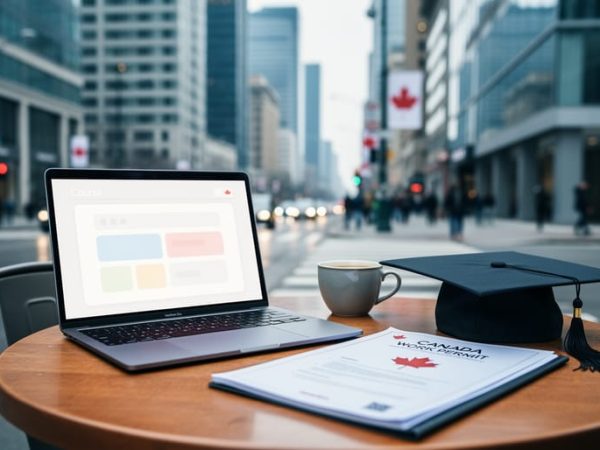 “Work permit documents and a graduation cap beside an open laptop on a café table with a blurred Canadian city background, symbolizing study options while holding a work permit.”