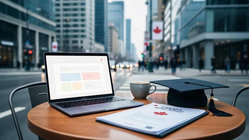 “Work permit documents and a graduation cap beside an open laptop on a café table with a blurred Canadian city background, symbolizing study options while holding a work permit.”
