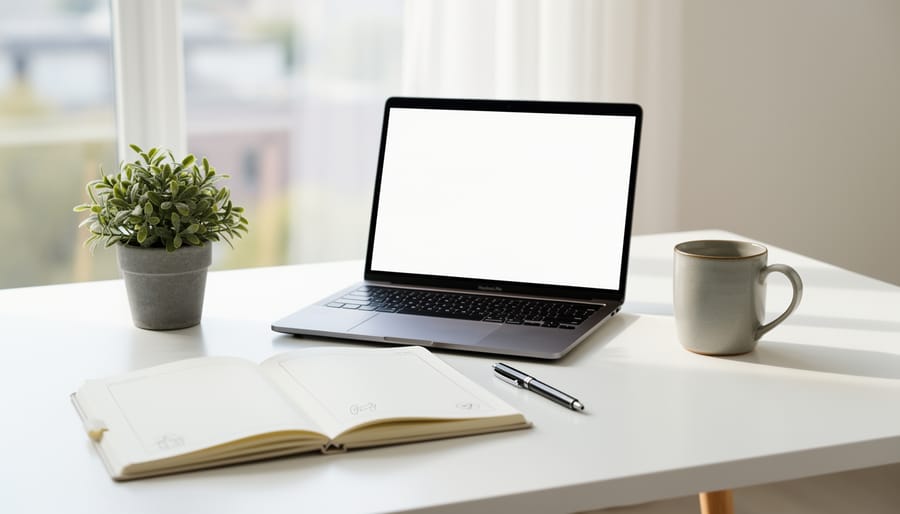 Hands preparing paperwork at a desk with a laptop and blank document page