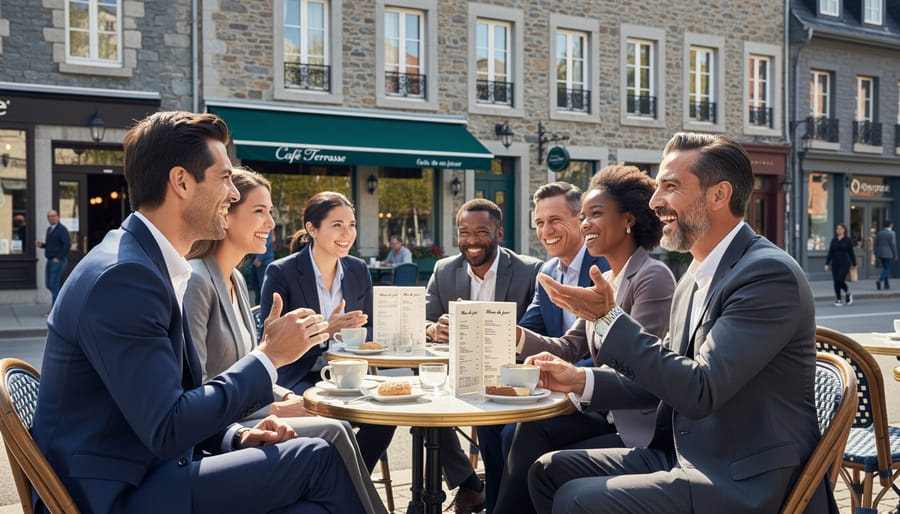 People chatting at a Quebec City street café terrace with warm golden hour lighting.