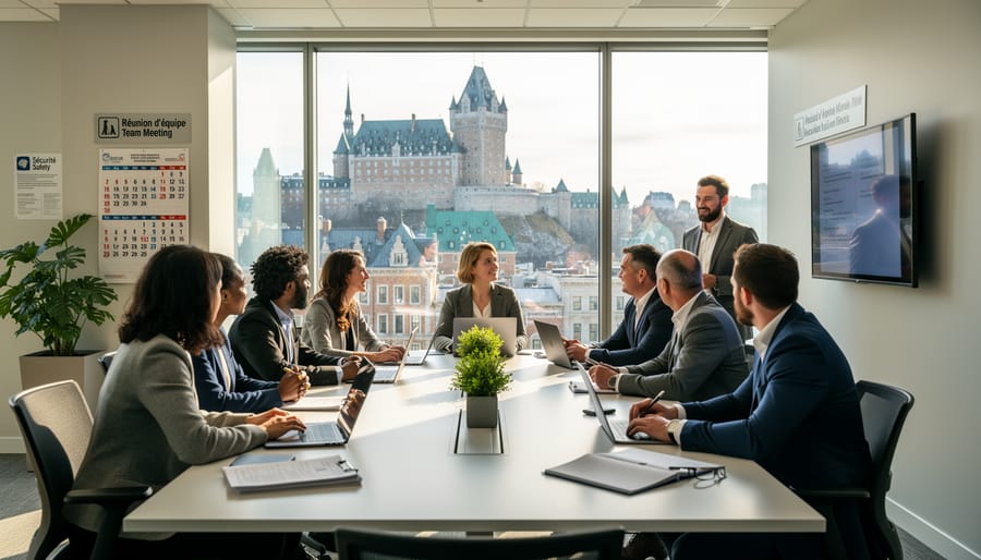People in a Quebec City office meeting room collaborating around a table with one person presenting.