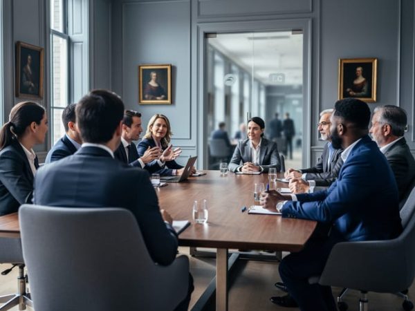 “People in a modern Quebec City office meeting room discussing and collaborating around a table under natural light.”