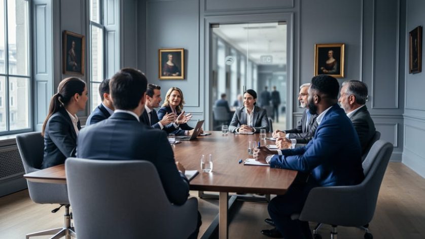 “People in a modern Quebec City office meeting room discussing and collaborating around a table under natural light.”
