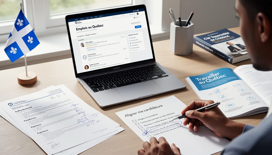 Close-up of a resume folder and French-language notebook on a desk in a professional setting.